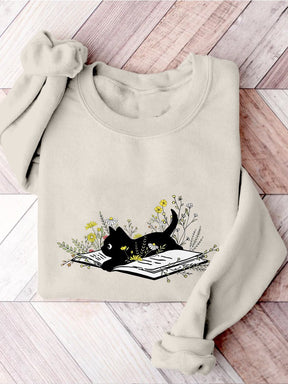 Cute Cat Book  Print Sweatshirt