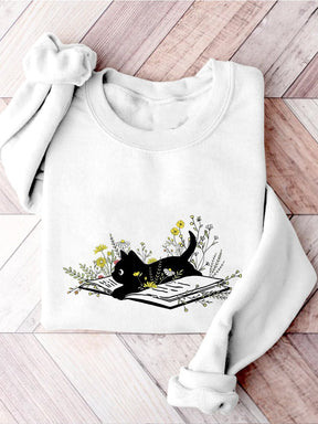 Cute Cat Book  Print Sweatshirt