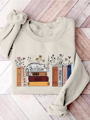 Cat Books Cat and Book Lover Flower Casual Print Sweatshirt