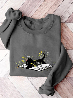 Cute Cat Book  Print Sweatshirt