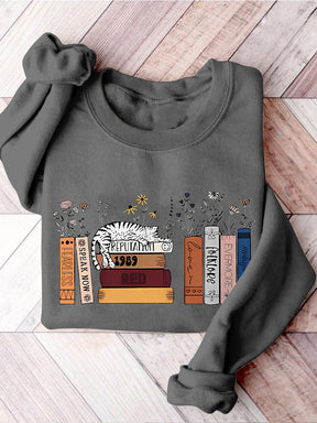 Cat Books Cat and Book Lover Flower Casual Print Sweatshirt