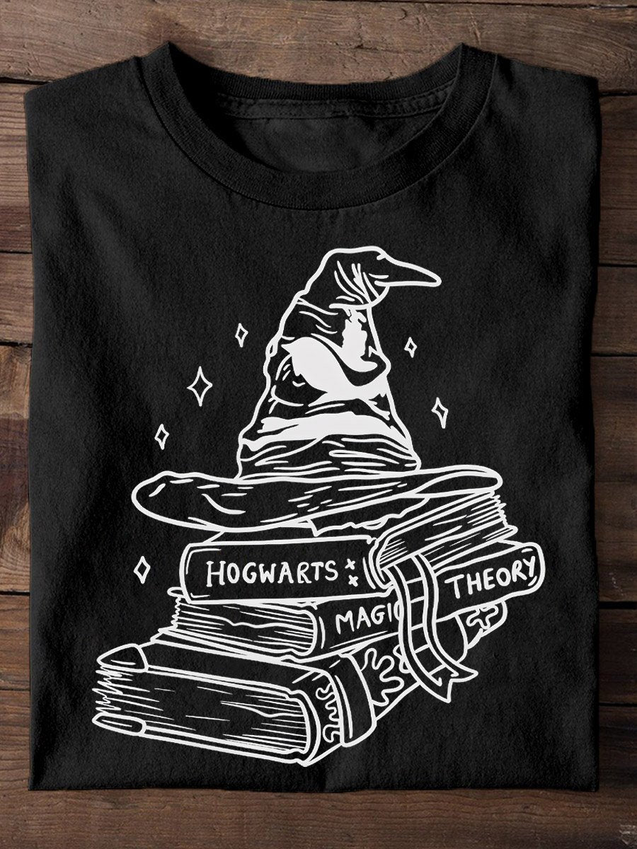 Magic Hat School Spell Book Reading Print Casual T-shirt